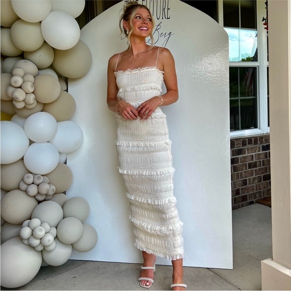 White ruched smocked midi maxi ruffle tiered dress - Picture 11 of 11